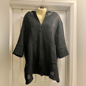 Women's ic by Connie K Black 3/4 Sleeve Hooded Knit Zip Up Jacket XL Made In USA